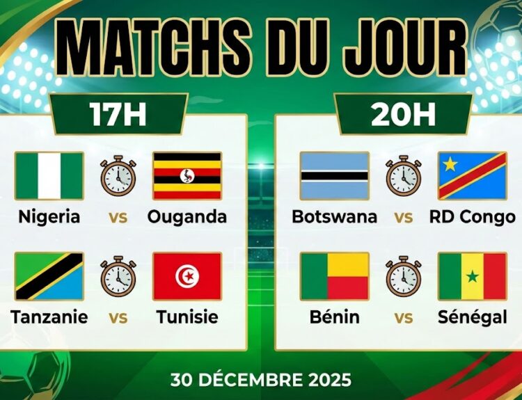 Nigeria vs Ouganda – 17h , Tanzanie vs Tunisie – 17h , Botswana vs RD Congo – 20h , Bénin vs Sénégal – 20h