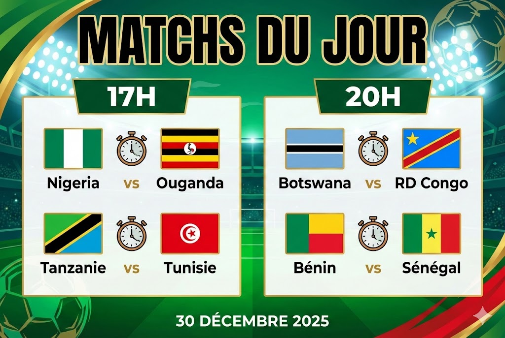Nigeria vs Ouganda – 17h , Tanzanie vs Tunisie – 17h , Botswana vs RD Congo – 20h , Bénin vs Sénégal – 20h